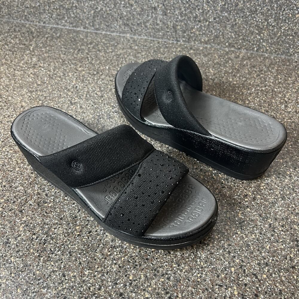 Bzees Sandals Womens Size 8M Black Glitter Fabric Slip On Open Toe Wedge Comfort